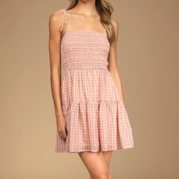 Lulus Dresses & Skirts - Like New • Lulus • Crush On You Blush Plaid Tie-Strap Smocked Mini Dress - Small